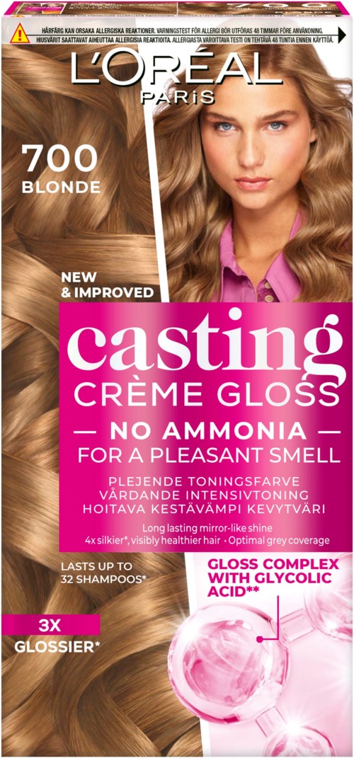 Een haarverfverpakking met een vrouw met lang, blond haar en roze en witte branding details.