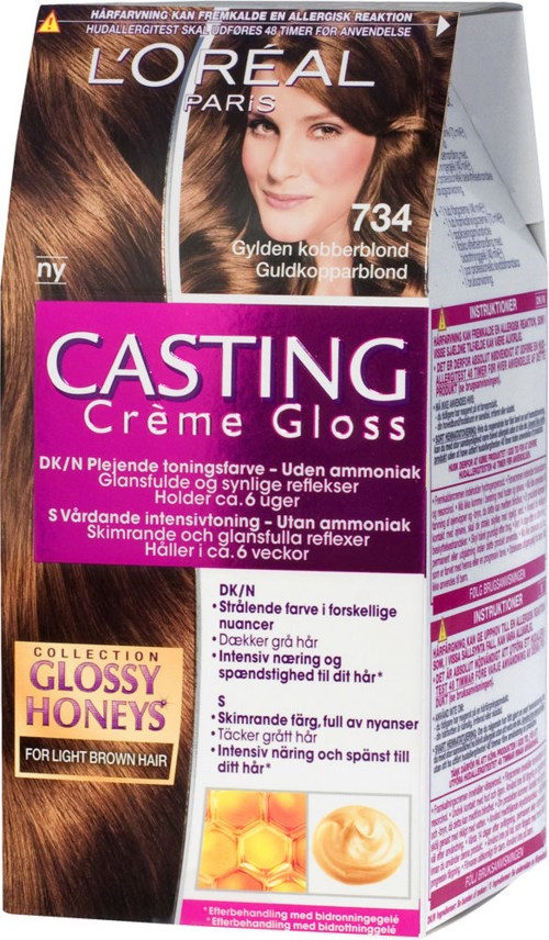 L'Oréal Casting Crème Gloss hårfärgningsförpackning med bild av modell, rosa- och gula etiketter samt produktinformation.