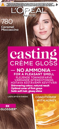 Box med L'Oreal hårfärg med en kvinna som visar sitt hår och produkternas fördelar på rosa bakgrund.