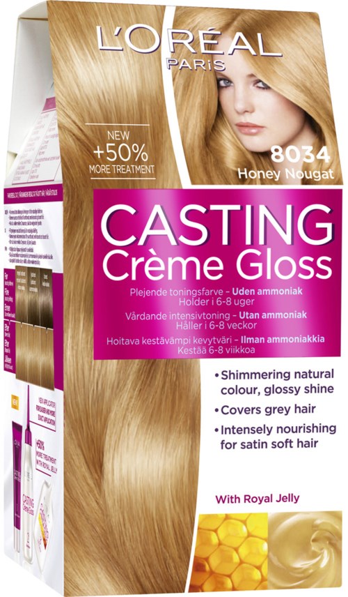 Förpackning för L'Oreal hårljus med blont hår, produktnamn och fördelar listade.