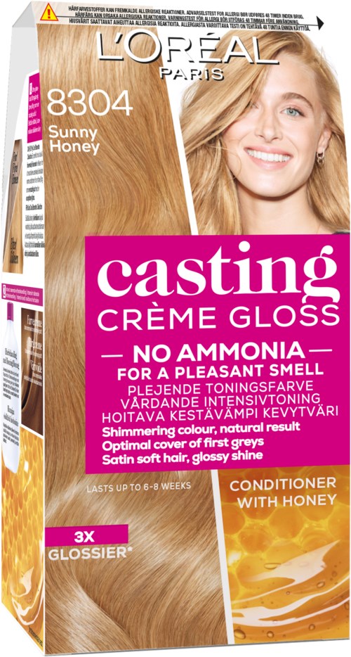 L'Oréal hårfärgningslåda med glad kvinna med långt blont hår och honungspreferens.