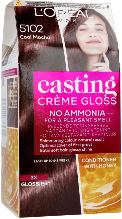 Förpackning för L'Oréal casting hårfärgningsmedel med en bild på en kvinna och rosa och gula design element.