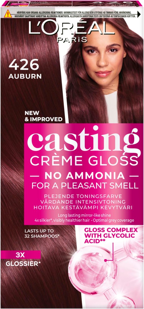 Een haarverfverpakking van L'Oréal Paris met een vrouw met lang, glanzend, roodachtig haar. Bevat productinformatie en voordelen.