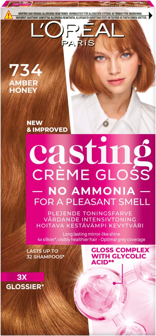 Eine Haarfärbekarton mit einer Frau mit braunen Haaren, Produktname "Casting Crème Gloss" und Details zu Farbe und Vorteilen.