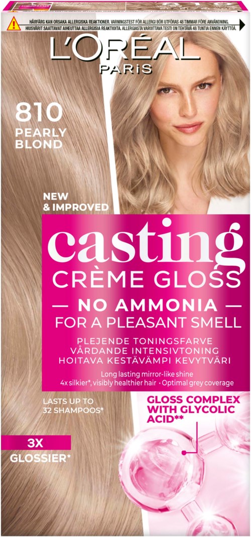 L'Oréal Haarfärbungspackung mit einer Frau mit blondem Haar und Produktdetails für Casting Crème Gloss.