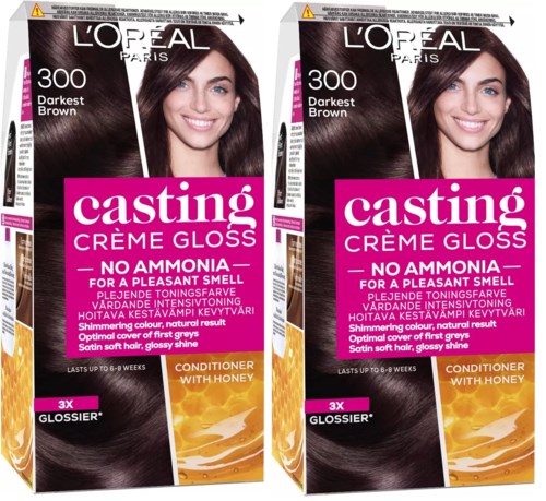 To bokser med L'Oréal Casting Crème Gloss hårfarge med en smilende kvinne som har lyst, brunt hår.