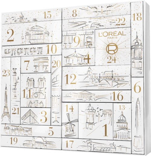 L'Oréal Paris-logo inne i en illustrert kalender med nummererte dager og skisser av kjente landemerker.
