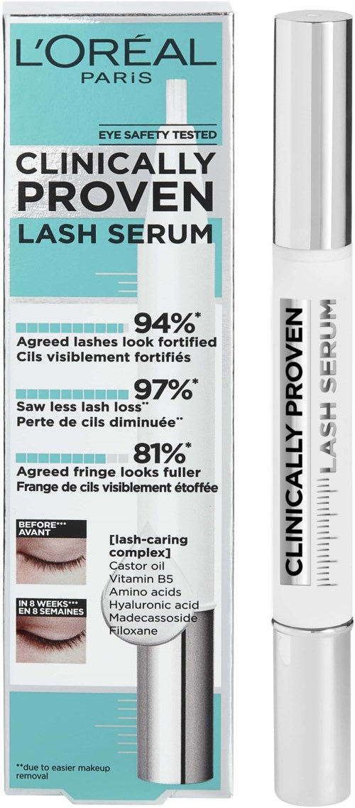 L'Oréal ögonfransserum förpackning och applicator med statistik och ingredienslista.