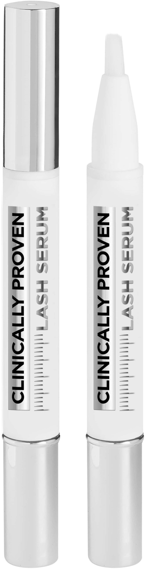 Två vita rör med plomberade spetsar, märkta 'Clinically Proven Lash Serum'.