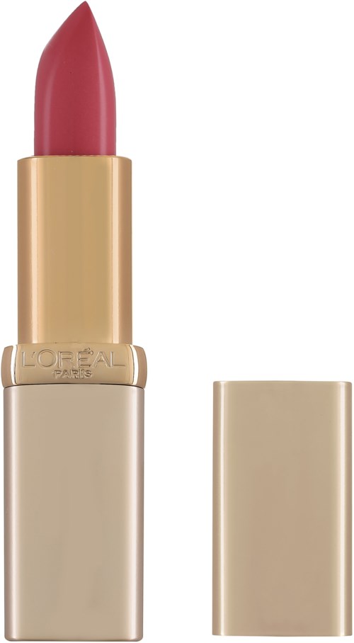 Ett läppstift med ett guld- och beigeskal och rosa läppstift inuti. Förlängaren är av och placerad bredvid.