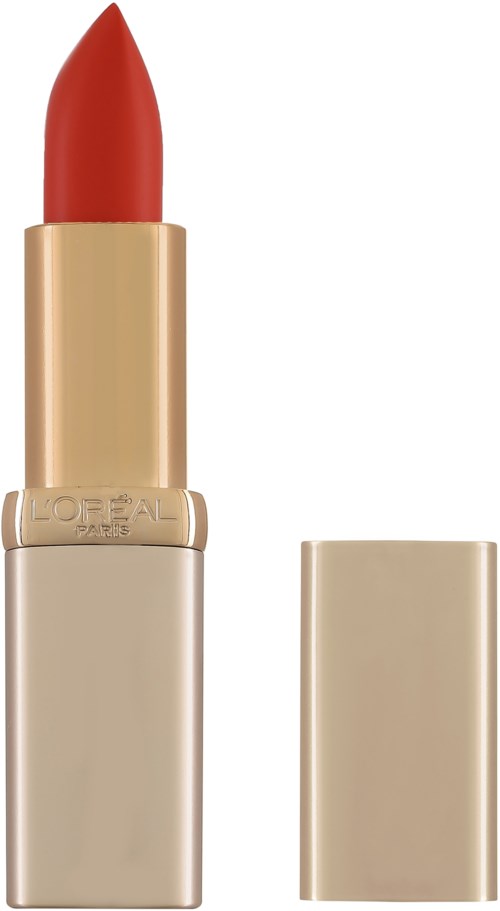 En röd läppstift i ett guld- och beigefodral med locket avlägsnat, som visar läppstiftet. L'Oréal Paris-logga på fodralet.