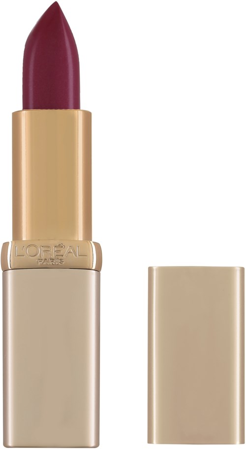 Ett läppstift i en guldfärgad och beige tube med en mörkröd färg. Locket är av och läppstiftet syns.