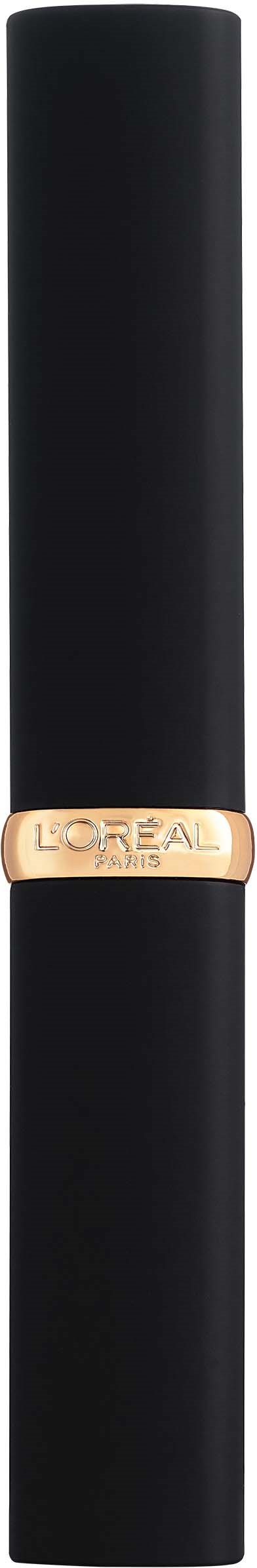 Een lange, zwarte cilindervormige lippenstiftverpakking met een gouden band in het midden, gemerkt L'Oreal Paris.