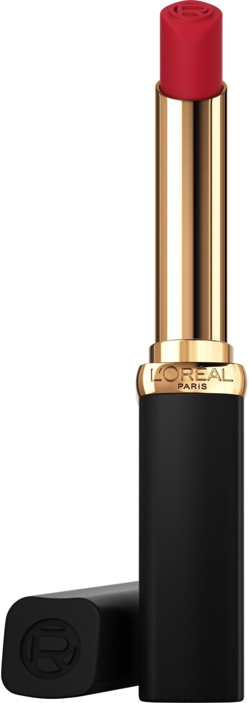 A lipstick with a red color, gold tube, and black base cap, standing upright.