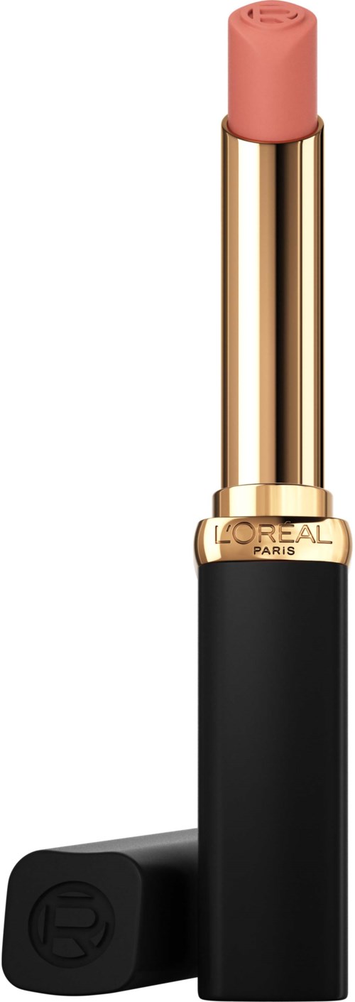 A lipstick with a pink tip and a black and gold tube. The black cap is beside the lipstick.