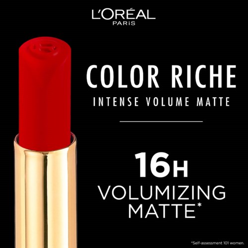 A red lipstick in a gold case with black background, advertising Loreal's Color Riche lipstick, highlighting volume and matte effect.