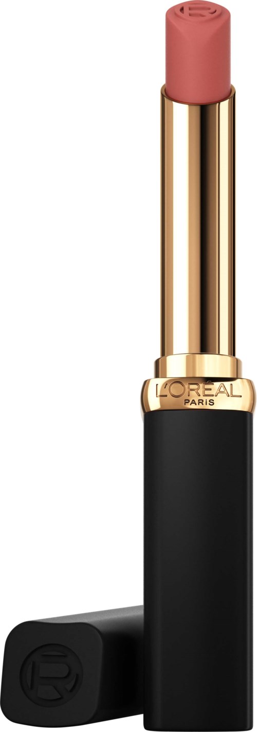 A lipstick with a pink shade in a gold and black tube, branded 'L'Oreal Paris'.