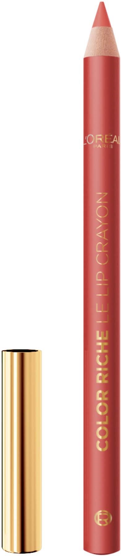 Ein Lippenstiftstift in Pink mit goldener Kappe, beschriftet 'Color Riche Lip Crayon'.