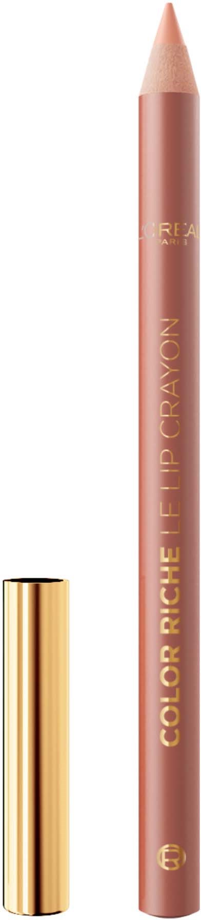 Ein Lippenstift-Lipliner in Nude-Farbe mit goldener Kappe, zeigt den Produktnamen seitlich.