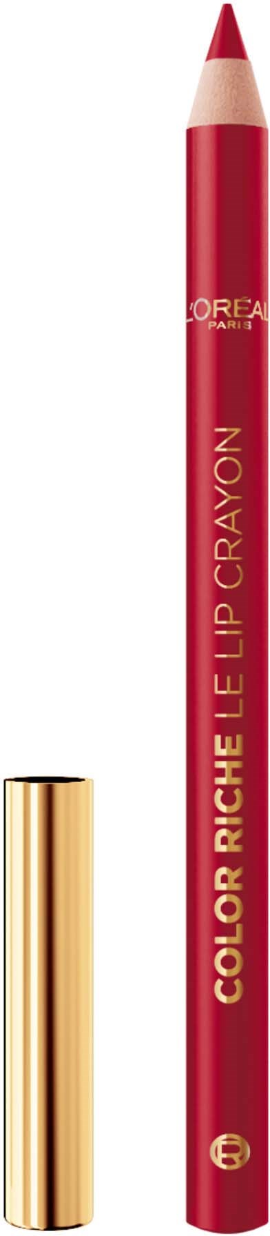 Roter Lippenstift mit Goldkappe, beschriftet 'Color Riche Le Lip Crayon' von L'Oréal.