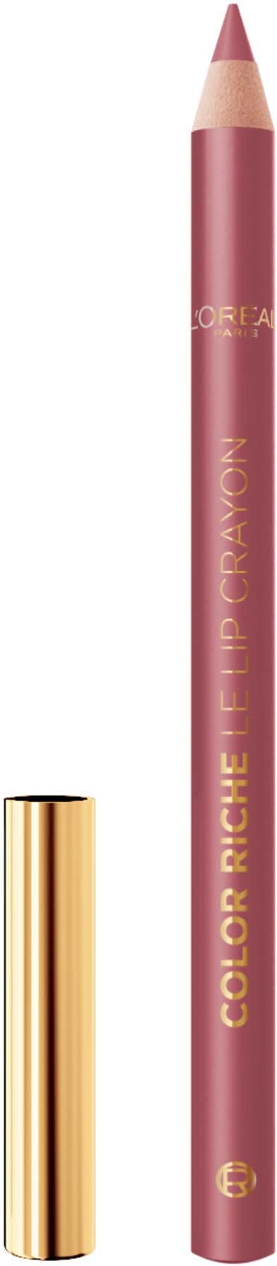 Ein pinker Lippenkonturenstift mit goldener Kappe und goldenem Text an der Seite. Es steht aufrecht.