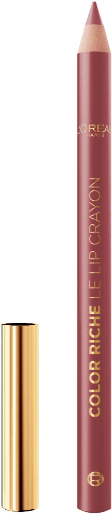 Ein pinkfarbener Lippenkonturenstift mit Goldkappe und Text, steht aufrecht.