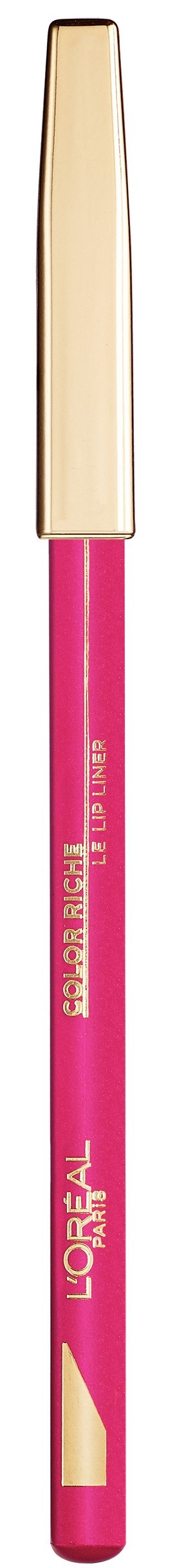 Ett rosa L'Oréal läppglans med guldkappa och vit borsteapplikator.