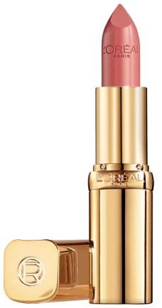 L'Oréal-huulipuna, vaaleanpunainen, kullanvärinen putkilossa ja pyöreällä kannella, jossa logo.