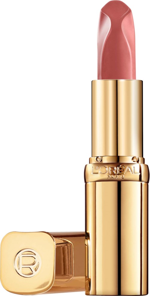 A pink lipstick in a gold case with a rectangular cap. The lipstick is slightly curved and open.