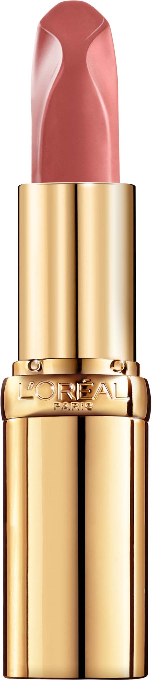 A pinkish lipstick in a gold case, standing upright. The lipstick has a smooth, rounded shape.