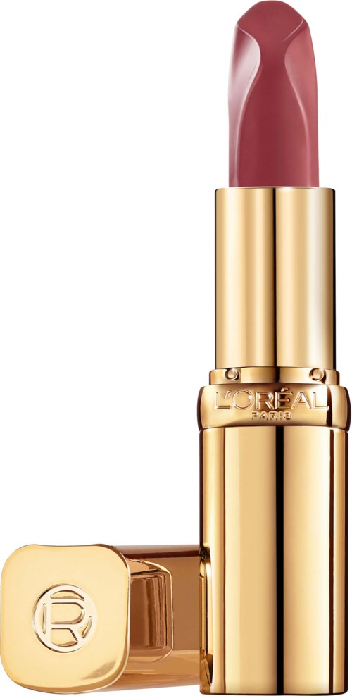 Ein rosa Lippenstift in einer goldenen Hülle, steht aufrecht mit dem Deckel daneben.