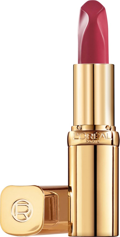 A lipstick with a pink shade in a gold case. The cap is off, showing the makeup stick.