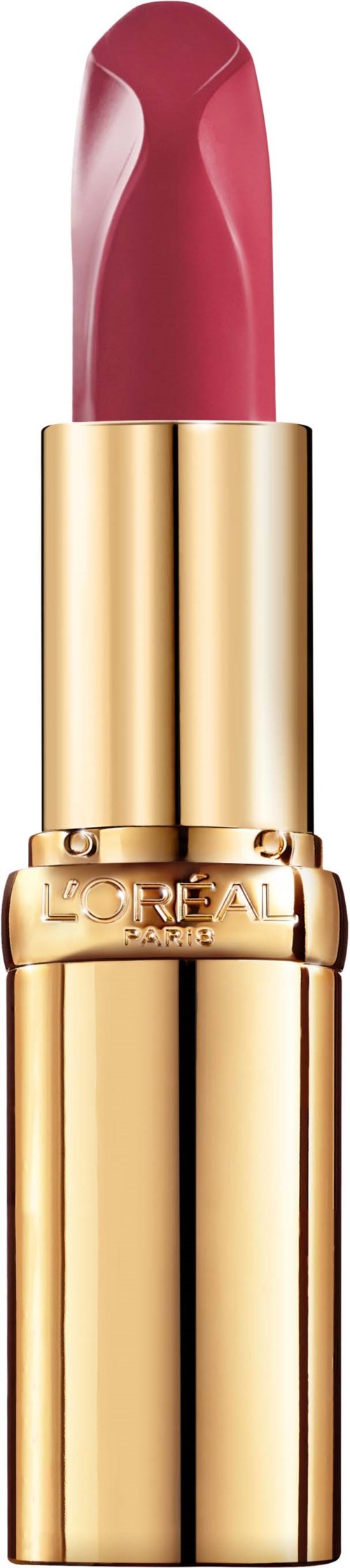 A lipstick with a gold case and pinkish-red color on the lipstick itself.