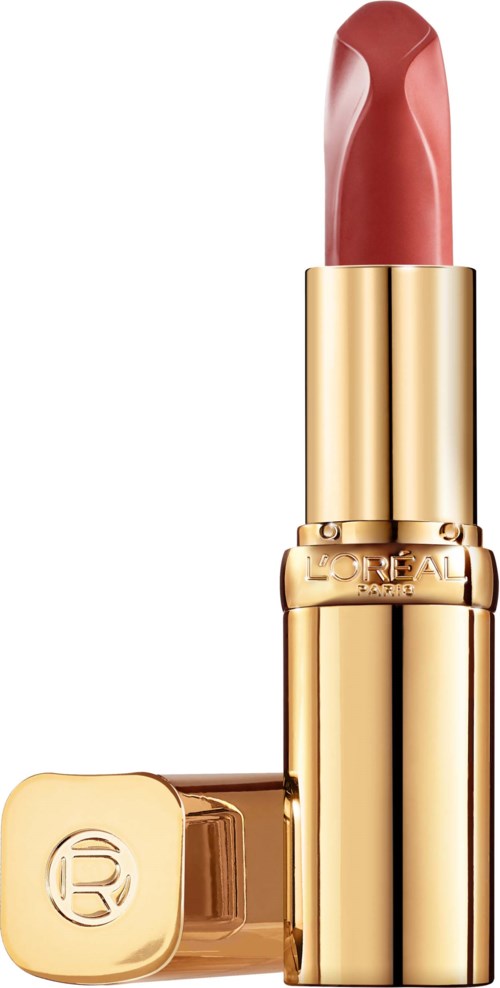 A pinkish lipstick in a gold case, standing upright with the cap lying nearby.
