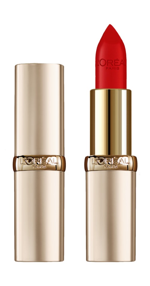 Ett rött läppstift med ett gult fodral och L'Oreal-logotypen. Läppstiftet är öppet, visar den röda färgen inuti.