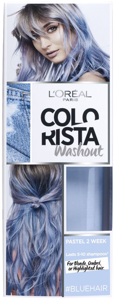 Vems hår visas i lila- och blåton, stylat i lösa vågor och en knut, på en L'Oréal-box.