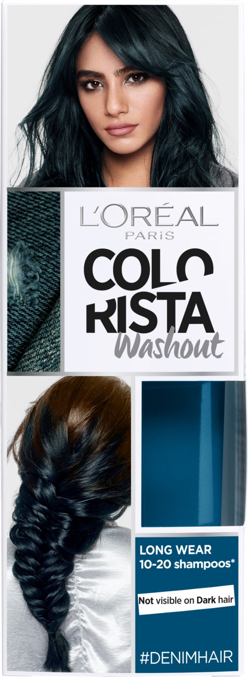 En kvinna med mörkt hår, en kvinna med flätat hår, och ett paket med L'Oréal hårfärg med instruktioner.