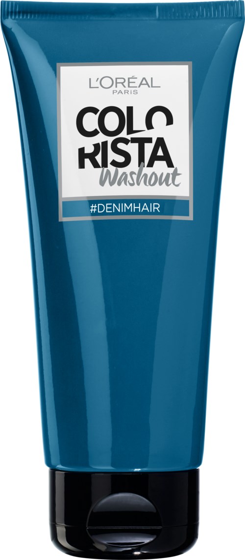 En blå tub märkt L'Oreal Colorista Washout för denimhår, med svart lock och märkningsdetaljer.