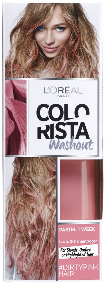 En kvinna med långt, lockigt, blont hår tittar på kameran. Boxen visar rosa hårfärg och produktdetaljer.