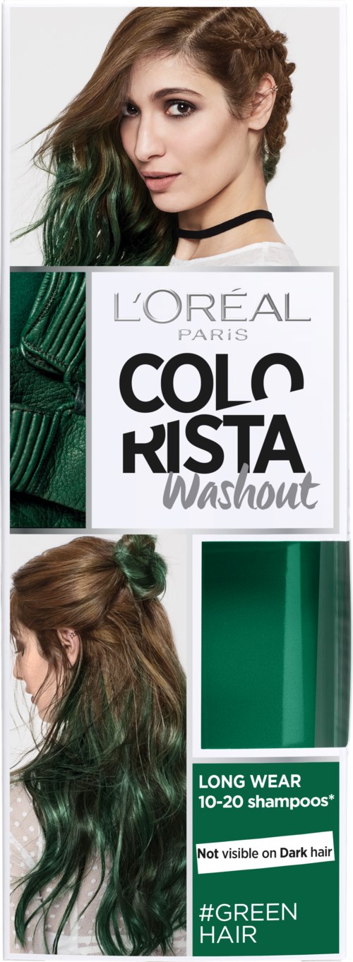 En kvinna med långt, lockigt hår som är grönt och brunt. Annonsen marknadsför L'Oréal schampo för grönt hår.