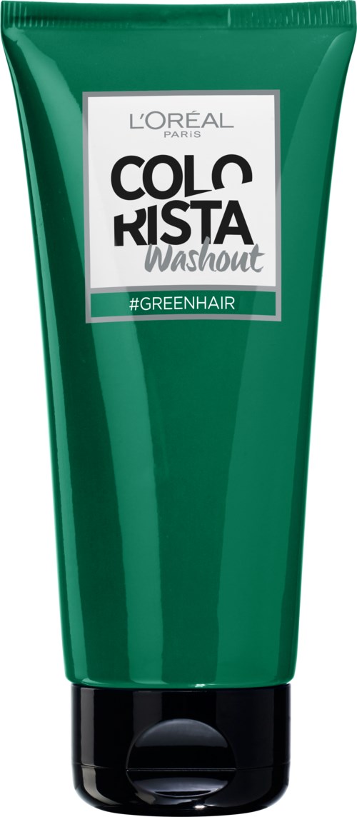 En grön hårfärgningsrör från L'Oréal Paris, märkt 'Colorista Washout' med hashtaggen #GreenHair.