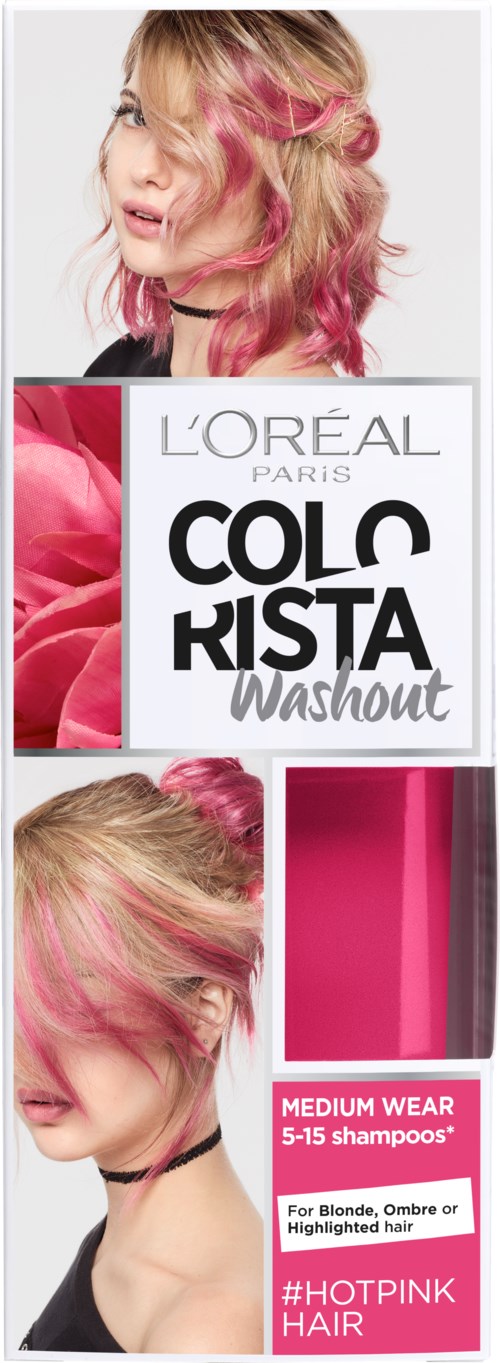 En kvinna med rosa och blont hår, visar ett hårfärgningsprodukt kallad Colorista Washout från L'Oréal Paris.