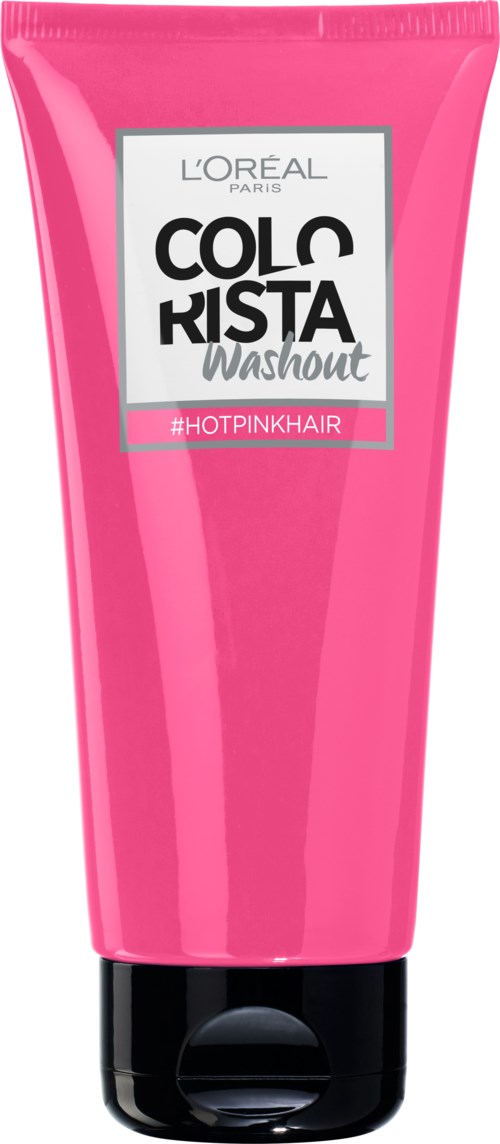 Rosa tub med etiketten 'Colorista Washout' från L'Oreal Paris med '#HotPinkHair'-tag.