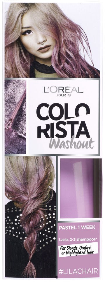 En kvinna med rosa hår, en L'Oréal hårfärg förpackning märkt 'Colorista Washout' och en lila hårfärgburk.