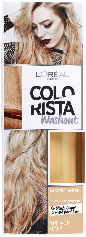 En kvinna med långt blont hår håller en låda med L'Oréal Colorista washout hårfärg. Boxen är vit med svarta och persikafärgade detaljer.
