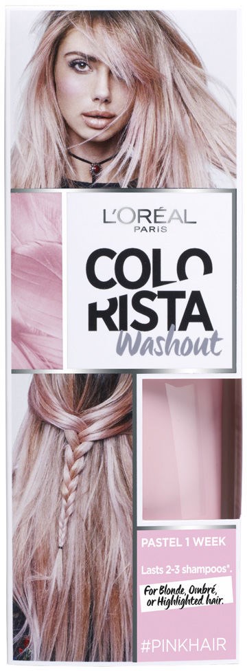 Hårfärgningsförpackning med en kvinna som visar rosa hår och en fläta, samt text om L'Oréals Colordista Washout rosa hårfärg.
