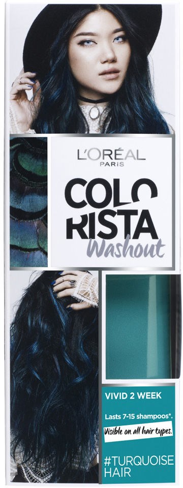 Bilden visar en låda av L'Oréal Paris Colorista Washout hårfärg för turkost hår, med bilder av en kvinna med blått hår.