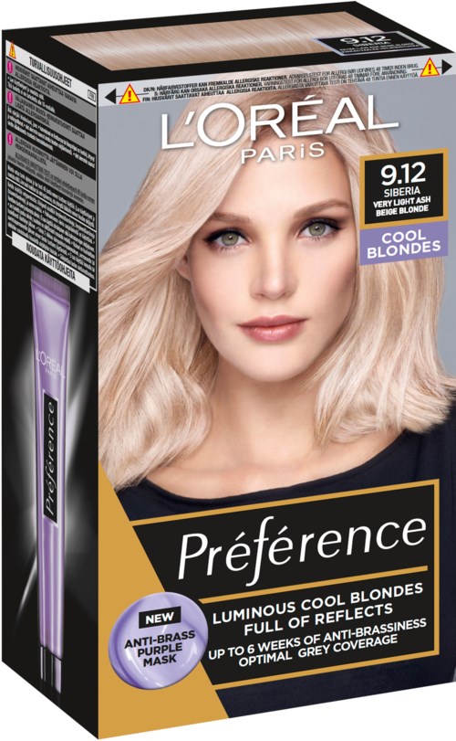 En förpackning av L'Oréal Paris hårfärg för kalla blonda, med en kvinna med ljusblont hår och produktinformation.