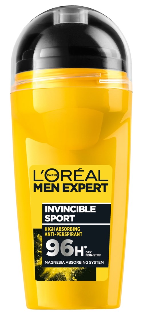 Yellow and black bottle of L'Oréal Men Expert Invincible Sport antiperspirant with long-lasting protection.