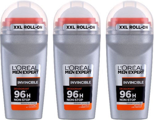 Tre bokser med L'Oreal Men Expert Invincible deodorant, merket XXL Roll-On, 96 timers beskyttelse, kontinuerlig.